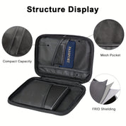 Custodia da viaggio nera con tasca a rete, capacità compatta, schermatura RFID, ideale per passaporti e documenti. Accessorio organizzativo.