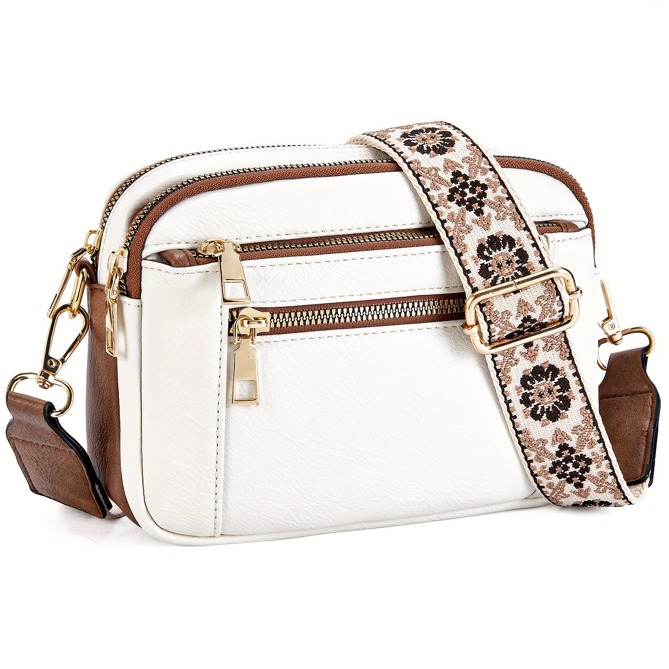 Borsa a tracolla in pelle bianca con cerniere dorate e tracolla regolabile floreale. Elegante accessorio moda donna.