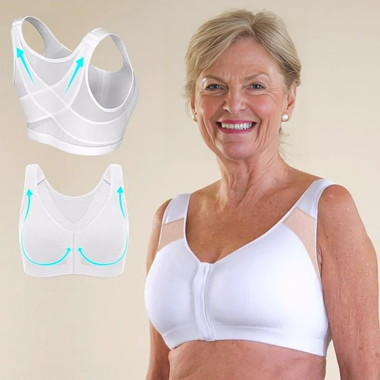 Donna sorridente indossa reggiseno bianco senza ferretto, con supporto posteriore incrociato. Design confortevole per seni maturi.