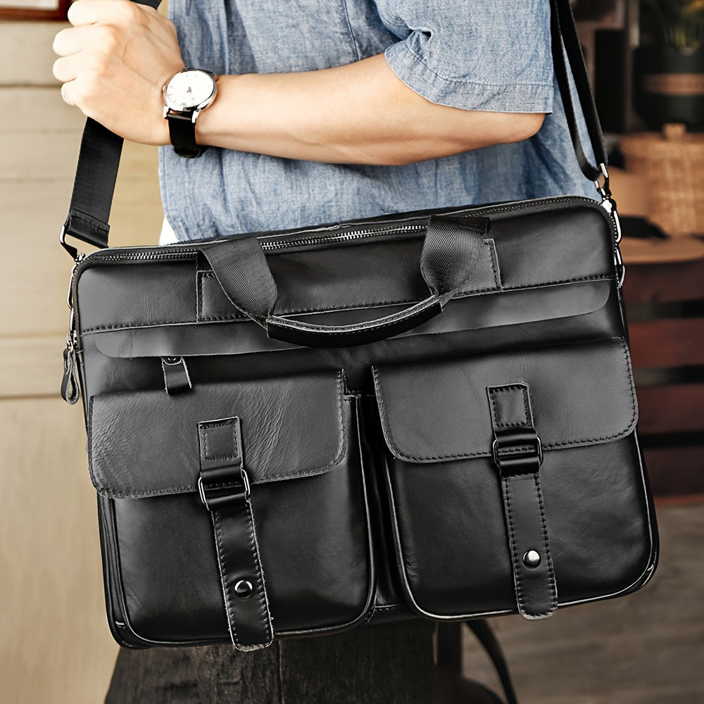 Uomo con borsa a tracolla in pelle nera, doppie tasche frontali, chiusure a fibbia, indossa camicia blu e orologio. Accessorio moda elegante.