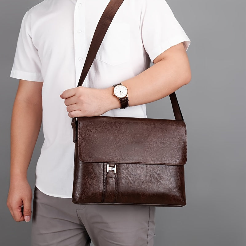 Uomo con camicia bianca indossa borsa a tracolla in pelle marrone, elegante e pratica, ideale per lavoro e ufficio. Accessorio moda maschile.