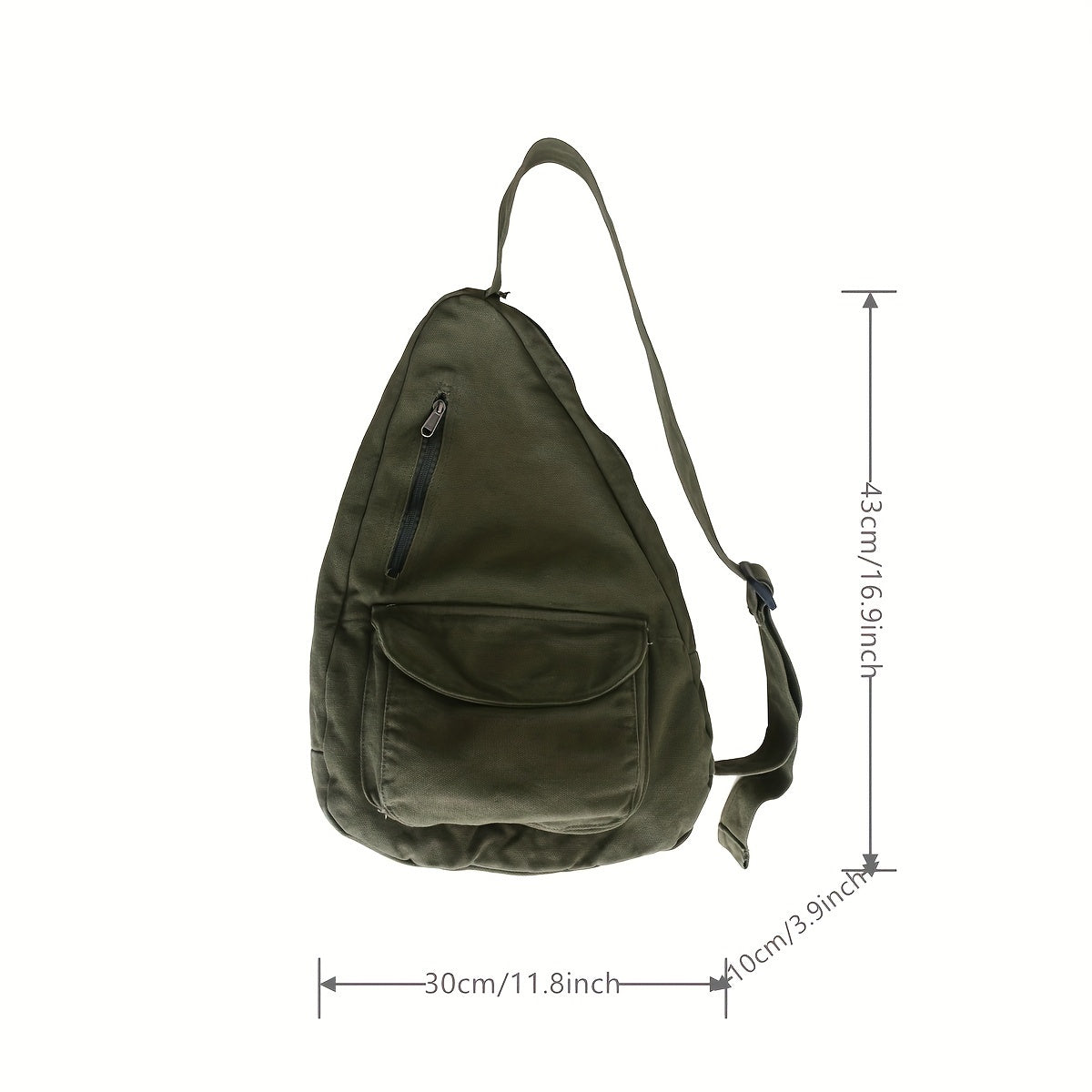 Zaino monospalla verde oliva, dimensioni 43x30x10 cm, con tasca frontale con zip. Design compatto e pratico per uso quotidiano e viaggi.