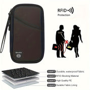 Custodia nera per passaporto con protezione RFID, materiale impermeabile e durevole, ideale per viaggi sicuri. Design compatto e resistente.