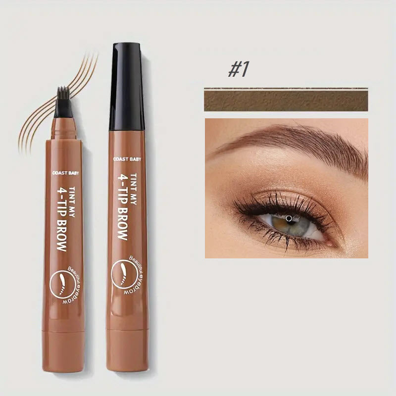 Penna sopracciglia marrone con punta a 4 punte, effetto microblading, accanto a immagine di sopracciglio definito. Trucco sopracciglia, lunga durata.