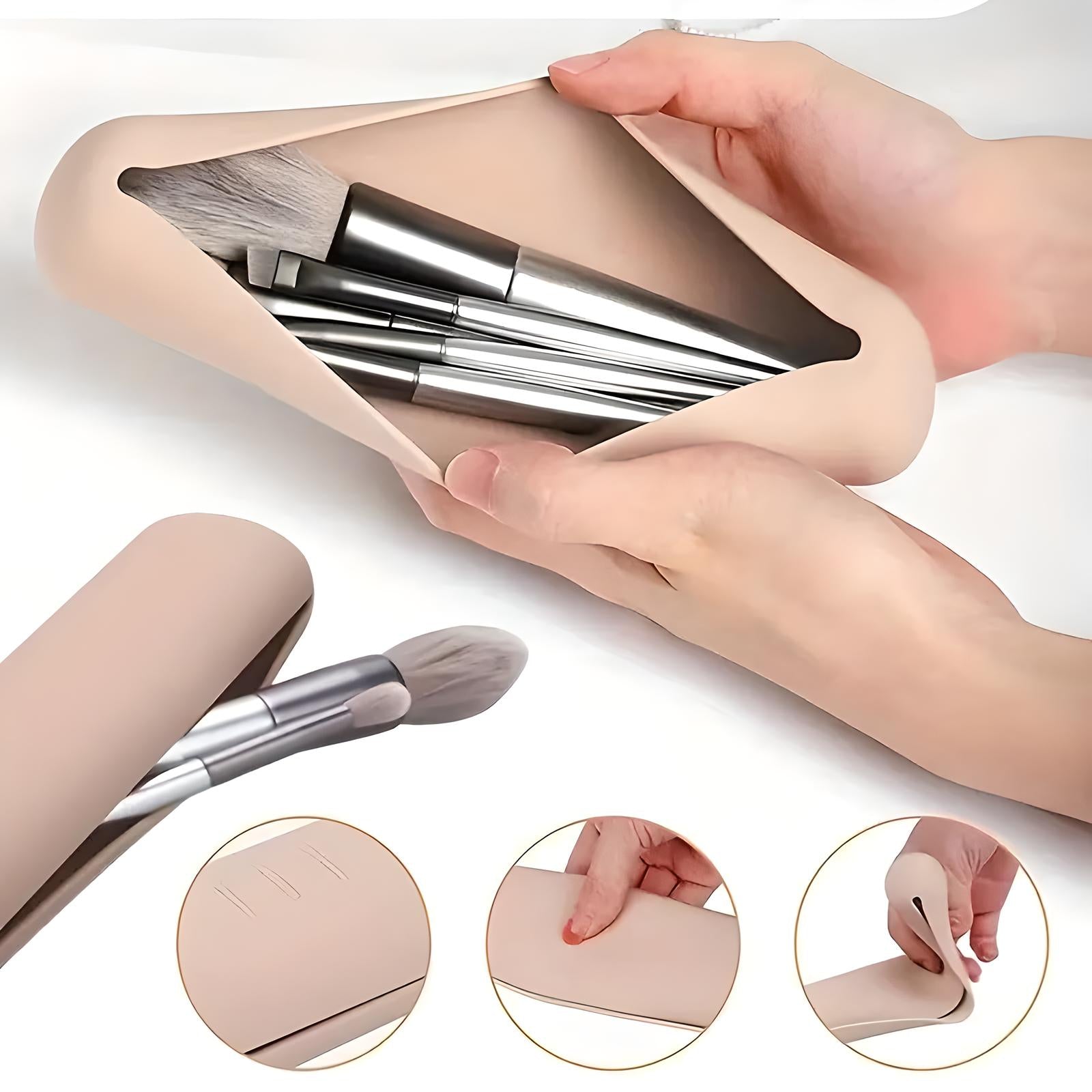 Astuccio in silicone beige per pennelli trucco, design pieghevole, resistente e impermeabile. Ideale per organizzare accessori cosmetici.