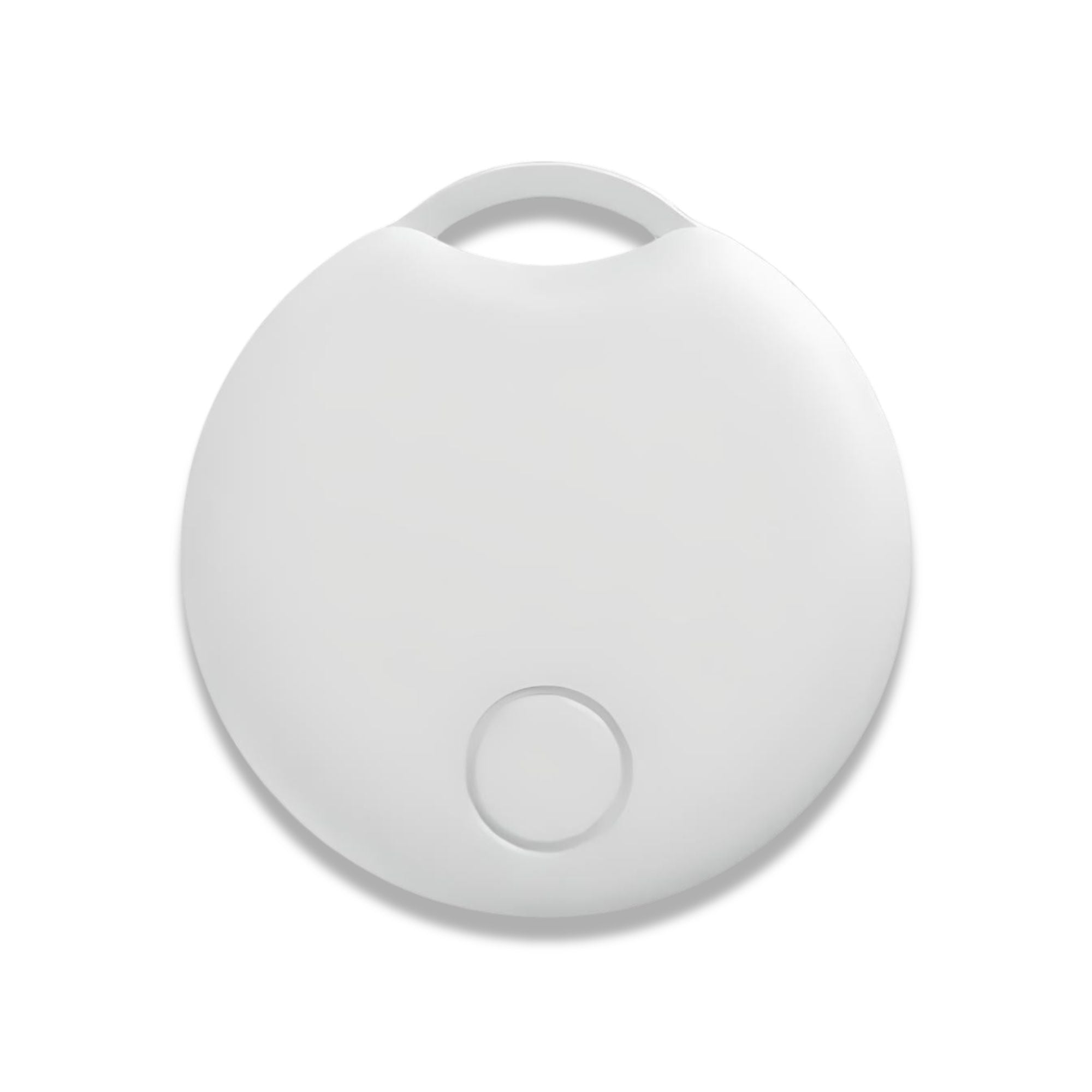 Dispositivo di localizzazione Bluetooth bianco, design compatto e rotondo, ideale per tracciare oggetti personali come chiavi e portafogli.