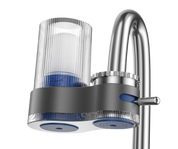 Filtro acqua rubinetto in acciaio inox con cartuccia trasparente e manopola regolabile, design moderno, ideale per cucina e bagno.