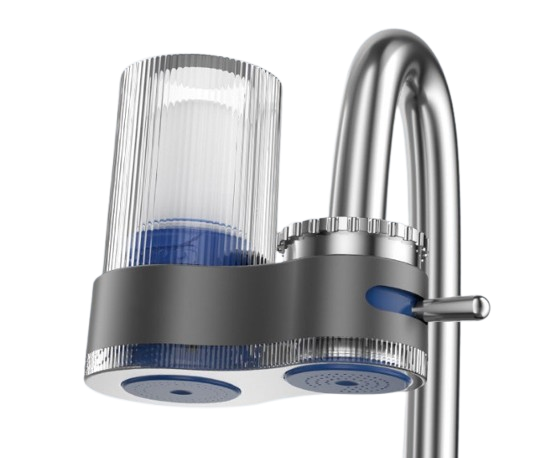 Filtro acqua rubinetto in acciaio inox con cartuccia trasparente e manopola regolabile, design moderno, ideale per cucina e bagno.