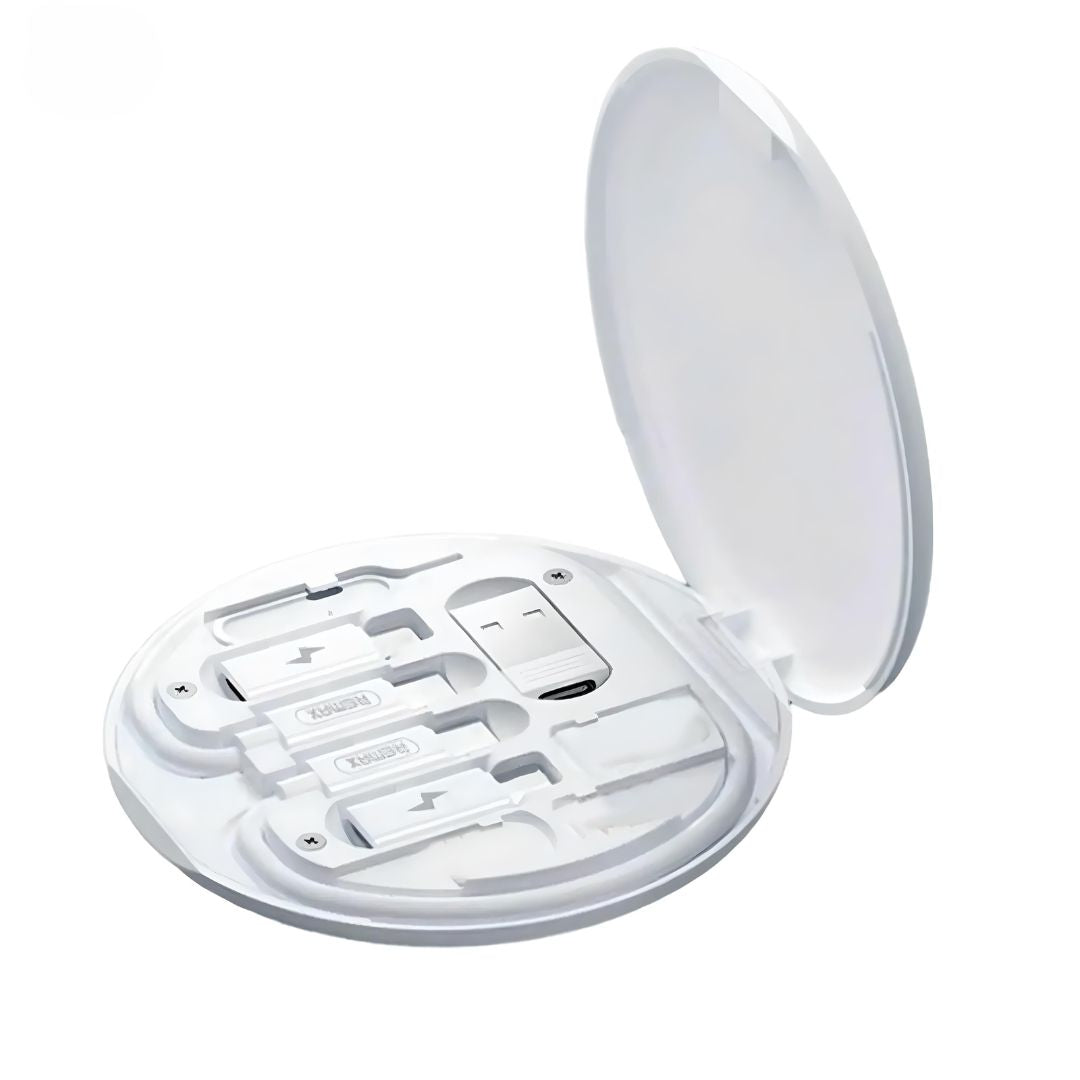 Custodia bianca per spazzolino elettrico Oral-B, compatta e portatile, con scomparti per testine e caricatore USB. Accessorio da viaggio essenziale.