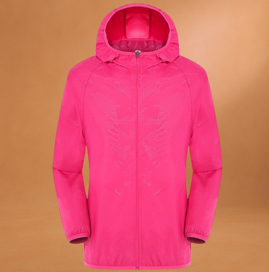 Giacca a vento rosa acceso con cappuccio, chiusura a zip, design leggero e impermeabile. Ideale per attività outdoor e sport all'aperto.