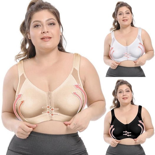 Reggiseno contenitivo donna taglie forti, senza ferretto, in tre colori: beige, bianco, nero. Design confortevole, supporto ottimale, chiusura frontale.