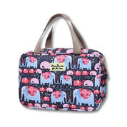 Borsa da viaggio impermeabile con stampa elefanti colorati, manici beige, ideale per viaggi, bagaglio a mano, moda donna, accessori eleganti.