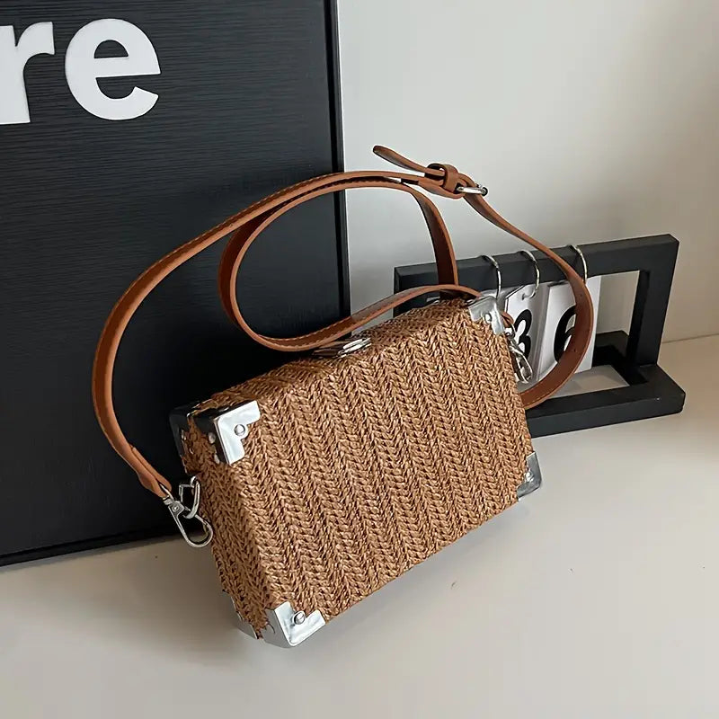 Borsa a tracolla in paglia intrecciata con angoli rinforzati in metallo e cinturino in pelle marrone, design elegante e moderno.