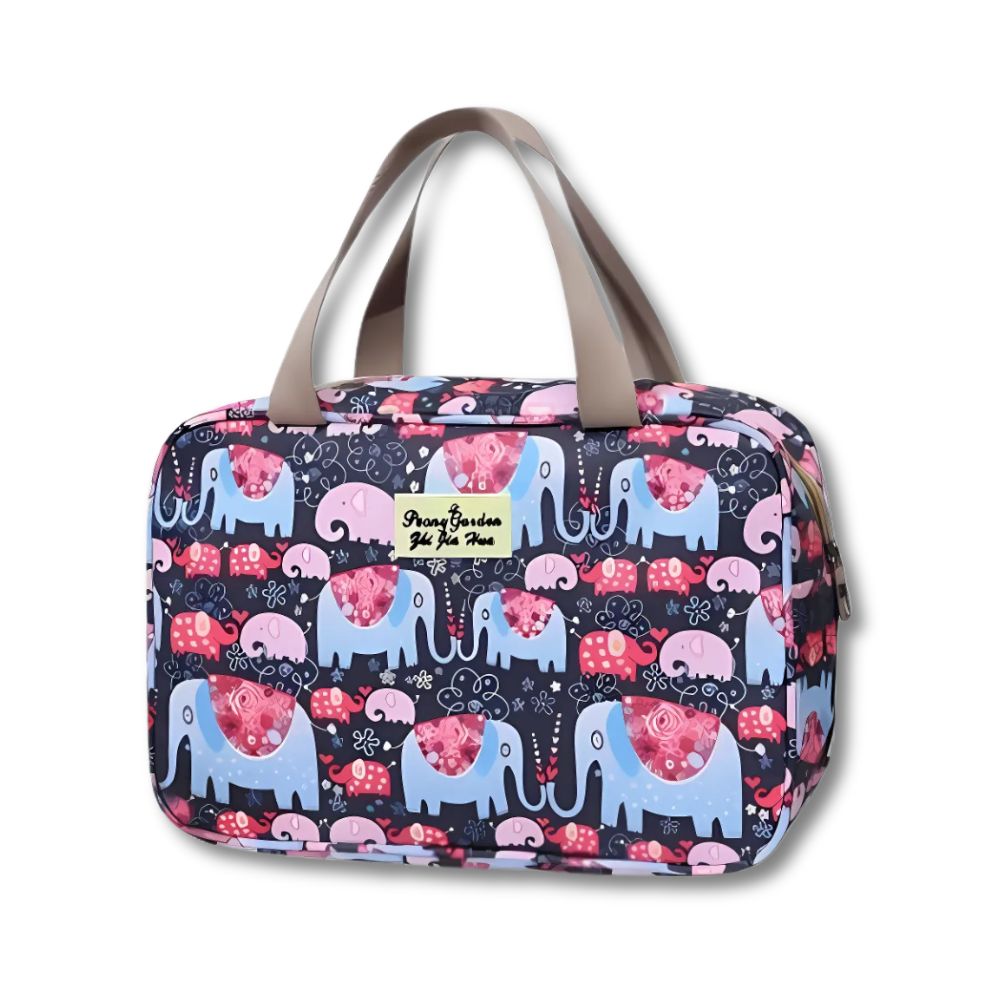 Borsa da viaggio impermeabile con stampa elefanti colorati, manici beige, ideale per viaggi, moda, accessori donna, capiente e resistente.