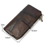 Portafoglio in pelle marrone scuro con chiusura a zip, dimensioni 18,5x9,5x3 cm, design elegante e spazioso, ideale per uomo.