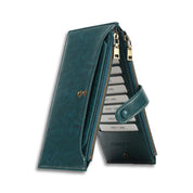 Portafoglio donna in pelle verde con chiusura a zip, scomparti per carte di credito e tasca portamonete. Design elegante e funzionale.