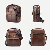 Borsa a tracolla in pelle marrone, design compatto, con cerniere e tasche multiple, ideale per uomo, stile casual ed elegante.