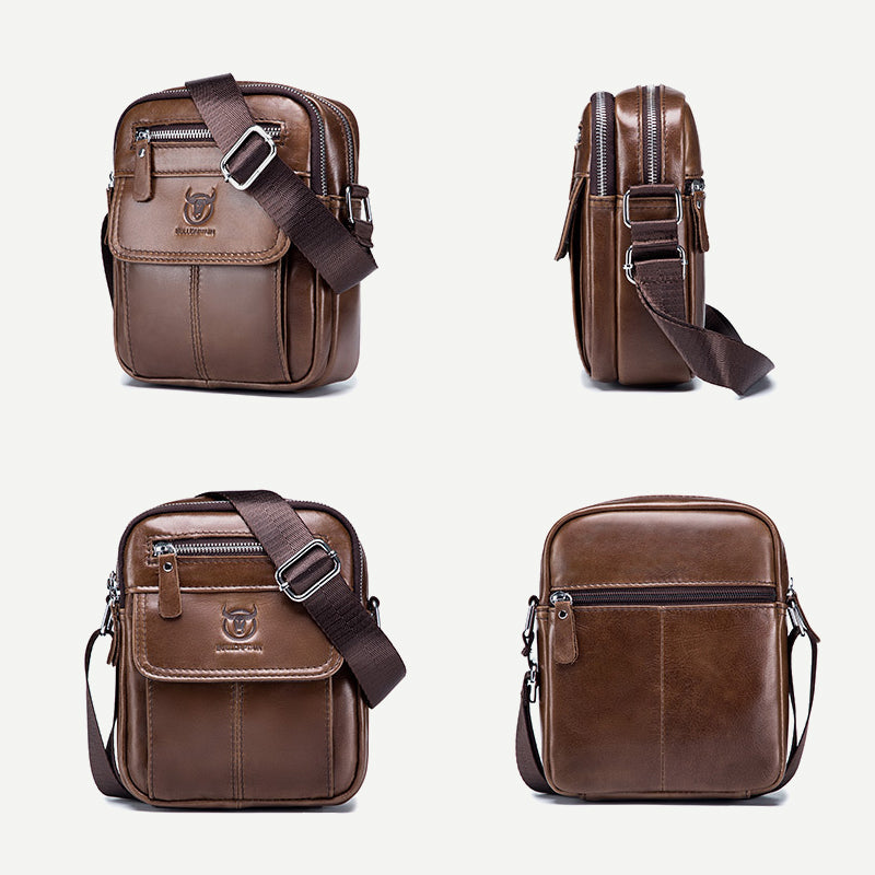 Borsa a tracolla in pelle marrone, design compatto, con cerniere e tasche multiple, ideale per uomo, stile casual ed elegante.