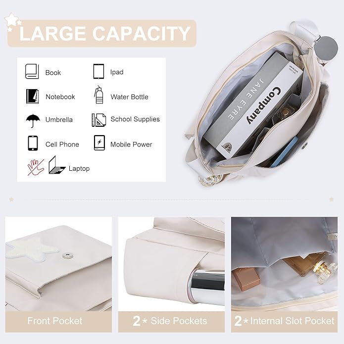 Zaino beige grande capacità con tasche multiple, adatto per laptop, libri, bottiglia d'acqua, cellulare. Ideale per scuola e lavoro.