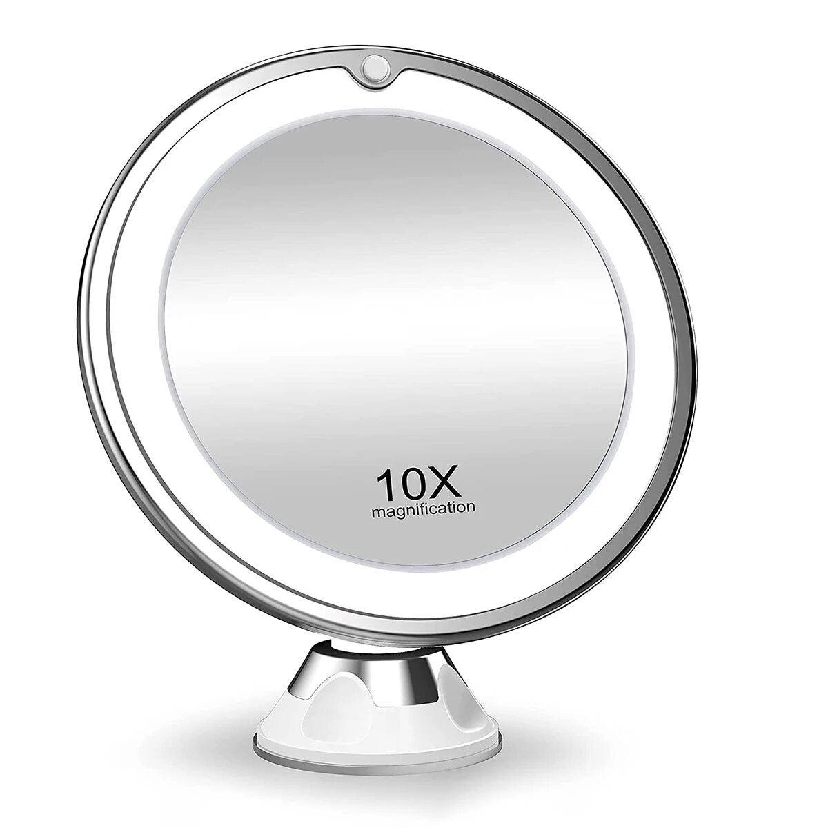 Specchio cosmetico ingrandimento 10x, rotondo, con base regolabile, ideale per trucco e cura del viso, design elegante, accessorio bagno essenziale.