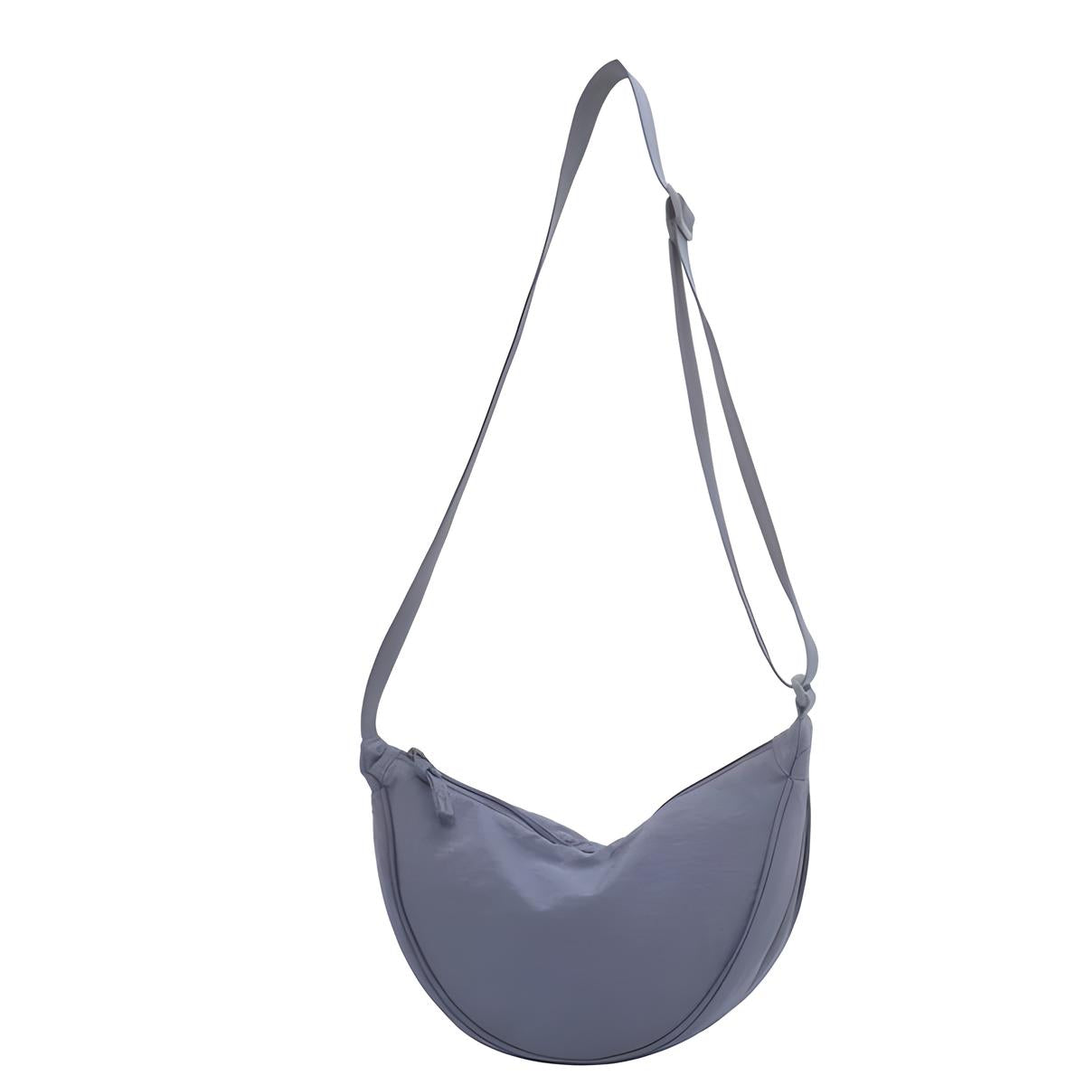 Borsa a tracolla grigia in tessuto, design minimalista, regolabile, ideale per uso quotidiano. Accessorio moda donna, stile casual ed elegante.
