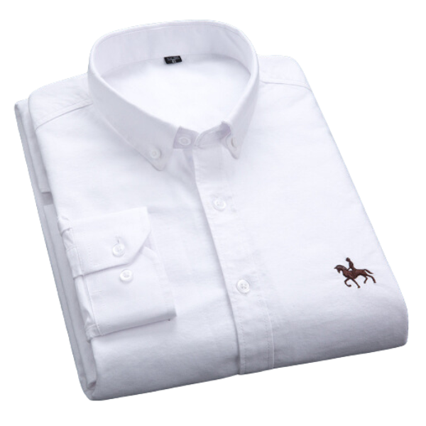 Camicia bianca da uomo a maniche lunghe, colletto button-down, logo ricamato, elegante e casual, perfetta per ufficio o eventi formali.