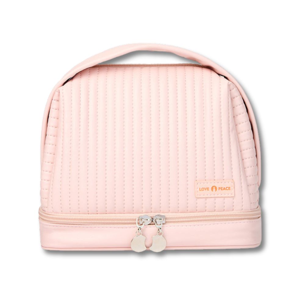 Borsa cosmetica rosa trapuntata con manico, chiusura a zip doppia, design elegante. Ideale per viaggi, organizzazione trucco e accessori.