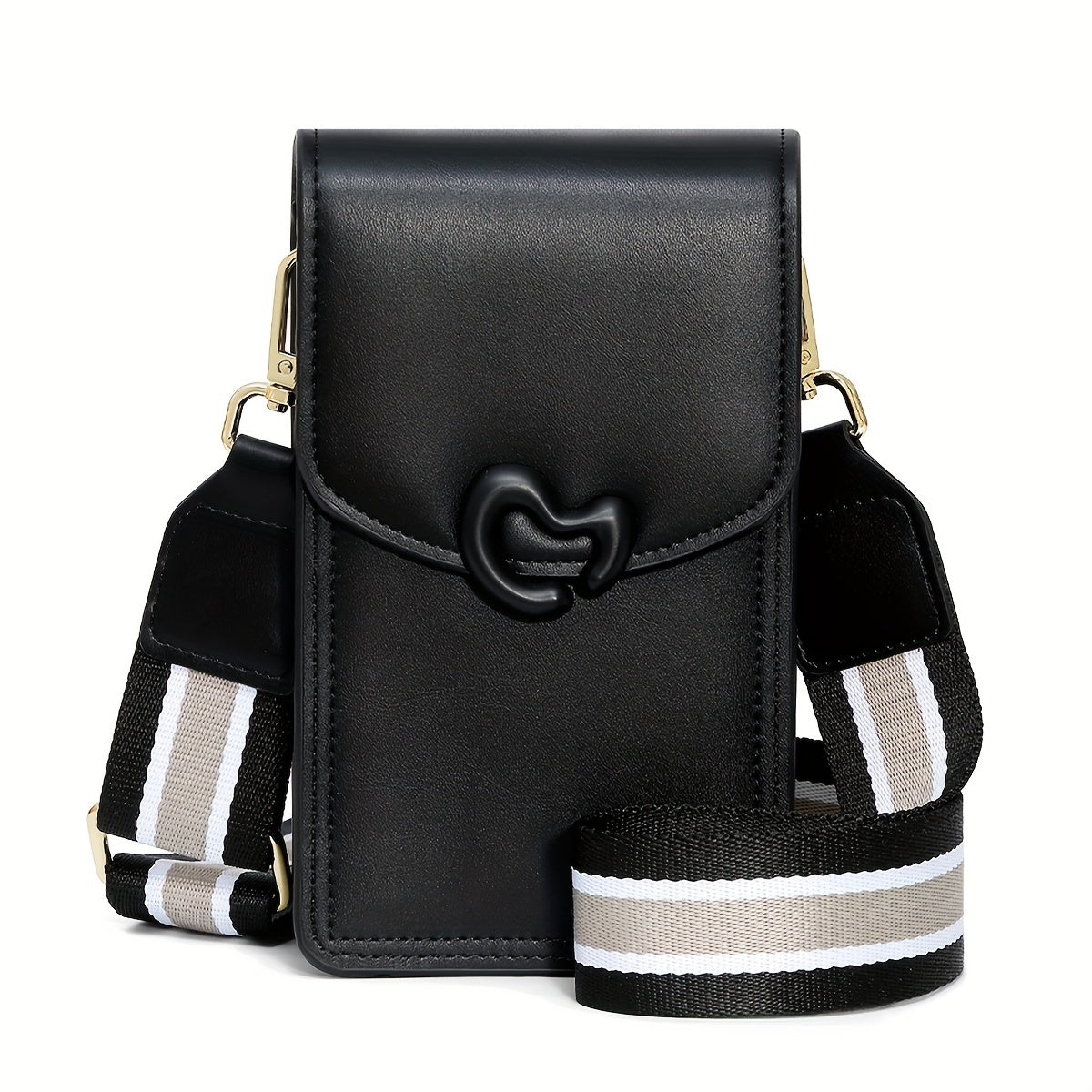 Borsa a tracolla nera in pelle con chiusura a scatto, cinturino regolabile a righe bianche e nere, design elegante e moderno per donna.