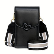 Borsa a tracolla nera in pelle con chiusura a scatto, cinturino regolabile a righe bianche e nere, design elegante e moderno per donna.