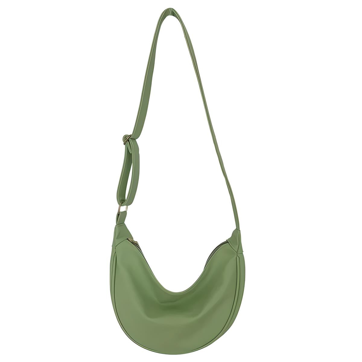 Borsa a tracolla verde oliva, design a mezzaluna, in pelle sintetica. Accessorio moda donna, elegante e versatile per ogni occasione.