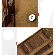 Zaino in tela marrone con dettagli in pelle, chiusura a bottone magnetico e anelli in metallo. Design robusto e funzionale per uso quotidiano.