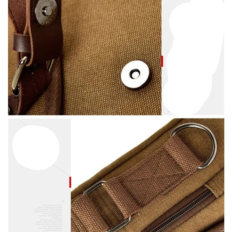 Zaino in tela marrone con dettagli in pelle, chiusura a bottone magnetico e anelli in metallo. Design robusto e funzionale per uso quotidiano.