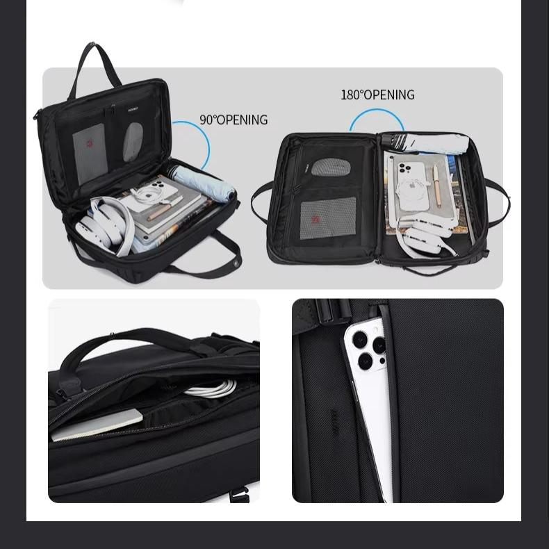 Zaino porta PC nero con apertura a 90° e 180°, scomparti per laptop, tablet, cuffie e accessori, ideale per viaggi e lavoro.