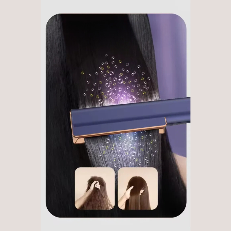Piastra per capelli con tecnologia ionica, liscia capelli crespi, effetto lucido. Immagine dimostrativa prima e dopo. Strumento styling avanzato.