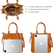 Borsa a tracolla in pelle marrone con scomparti multipli, tasche con zip e tasche interne, adatta per tablet e laptop, design elegante e funzionale.