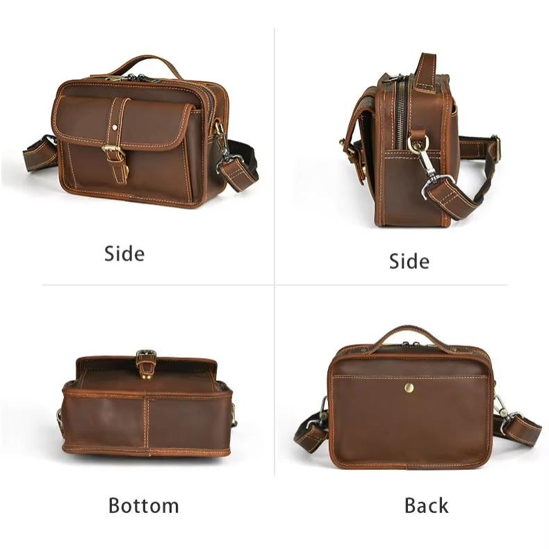 Borsa a tracolla in pelle marrone, vista laterale, inferiore e posteriore. Design elegante, chiusura a fibbia, ideale per uomo e donna.