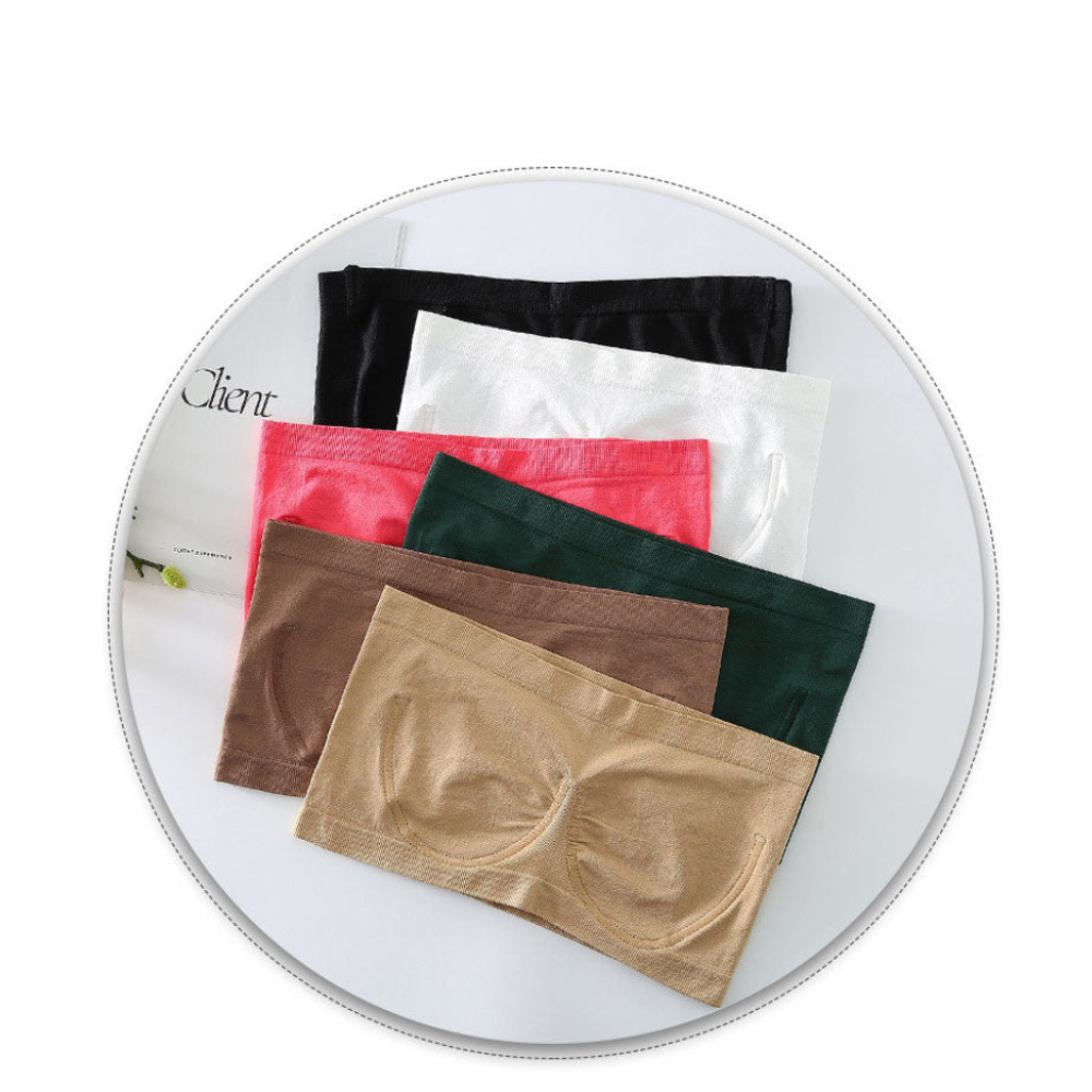 Set di reggiseni senza spalline in vari colori: nero, bianco, rosso, verde, marrone e beige. Intimo donna comodo e versatile, ideale per ogni outfit.