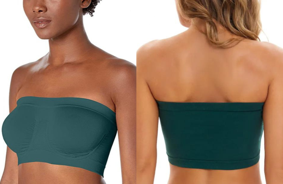 Due donne indossano reggiseni a fascia verde senza spalline, uno frontale e uno posteriore. Intimo donna, moda comoda, reggiseno senza cuciture.