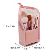 Astuccio porta trucchi rosa in PVC trasparente, dimensioni 24,5x13,5x13 cm, con pennelli cosmetici. Ideale per organizzare il make-up.
