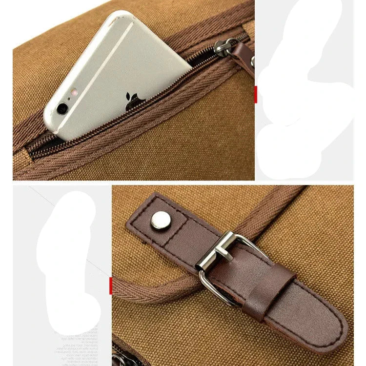 Zaino in tela marrone con tasca per smartphone e chiusura a fibbia in pelle. Design pratico e resistente, ideale per viaggi e uso quotidiano.
