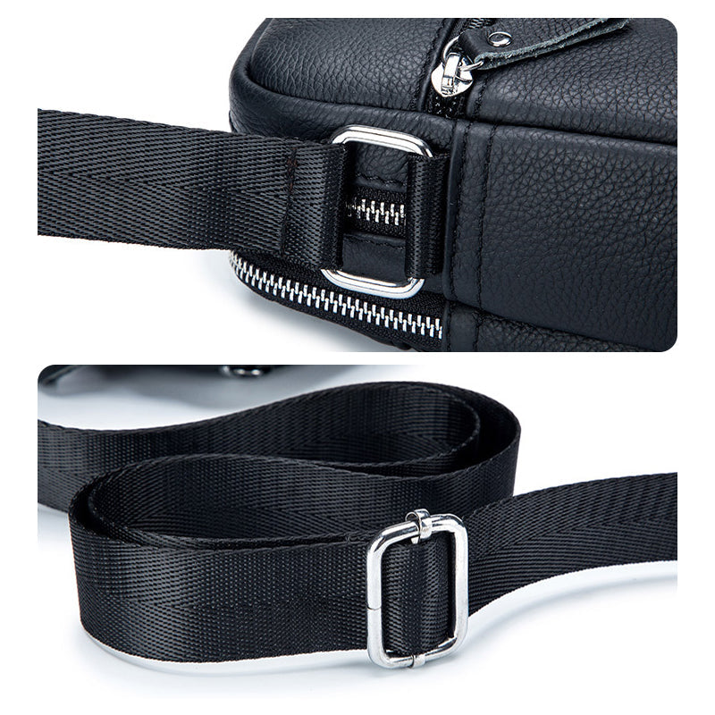 Borsa a tracolla in pelle nera con cerniera e fibbia in metallo, cinturino regolabile. Accessorio moda elegante e pratico per uomo e donna.