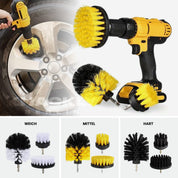 Trapano elettrico con spazzole intercambiabili per pulizia cerchioni auto. Set spazzole dure, medie e morbide. Accessori pulizia auto efficaci.