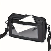 Borsa a tracolla nera con tasca trasparente e chiusura a zip, design moderno, ideale per uomo e donna, accessorio moda unisex.