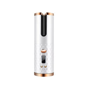 Arricciacapelli automatico bianco e oro, design portatile senza fili, display digitale, ideale per styling capelli ricci, tecnologia avanzata.