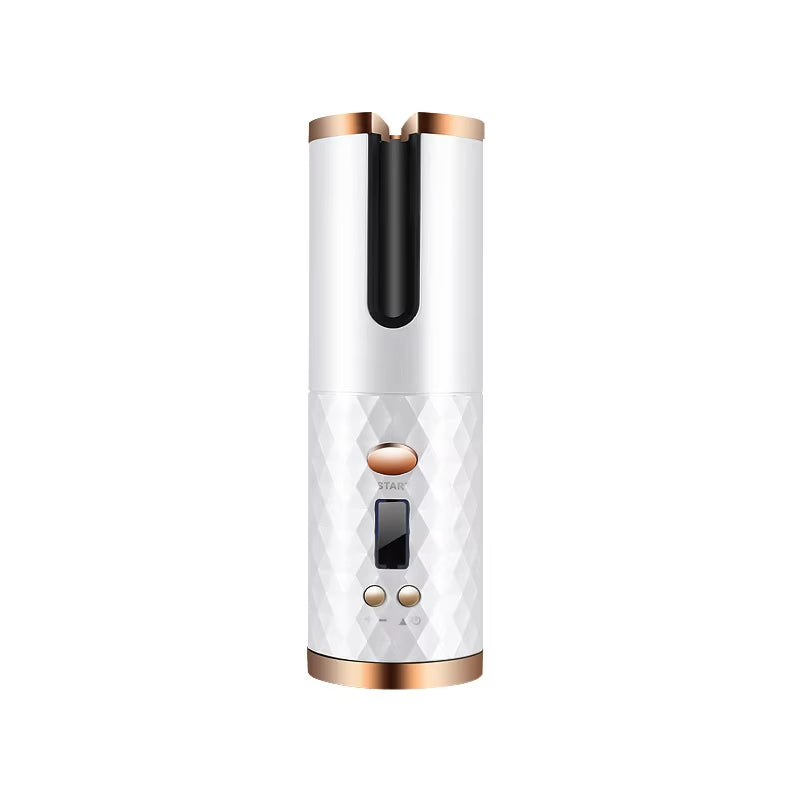 Arricciacapelli automatico bianco e oro, design portatile senza fili, display digitale, ideale per styling capelli ricci, tecnologia avanzata.