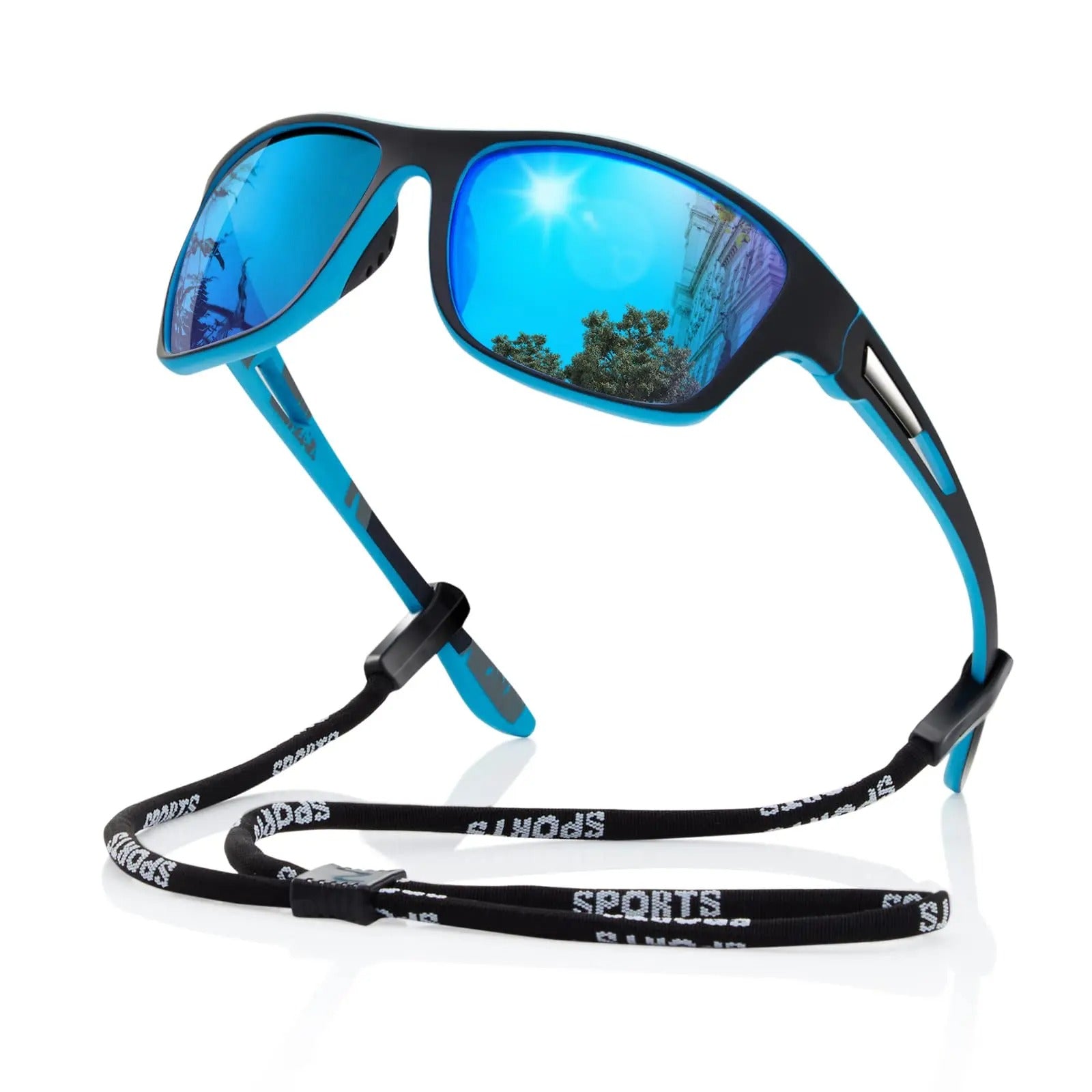 Occhiali da sole sportivi blu con lenti polarizzate a specchio, montatura leggera e cinturino regolabile. Ideali per attività all'aperto.