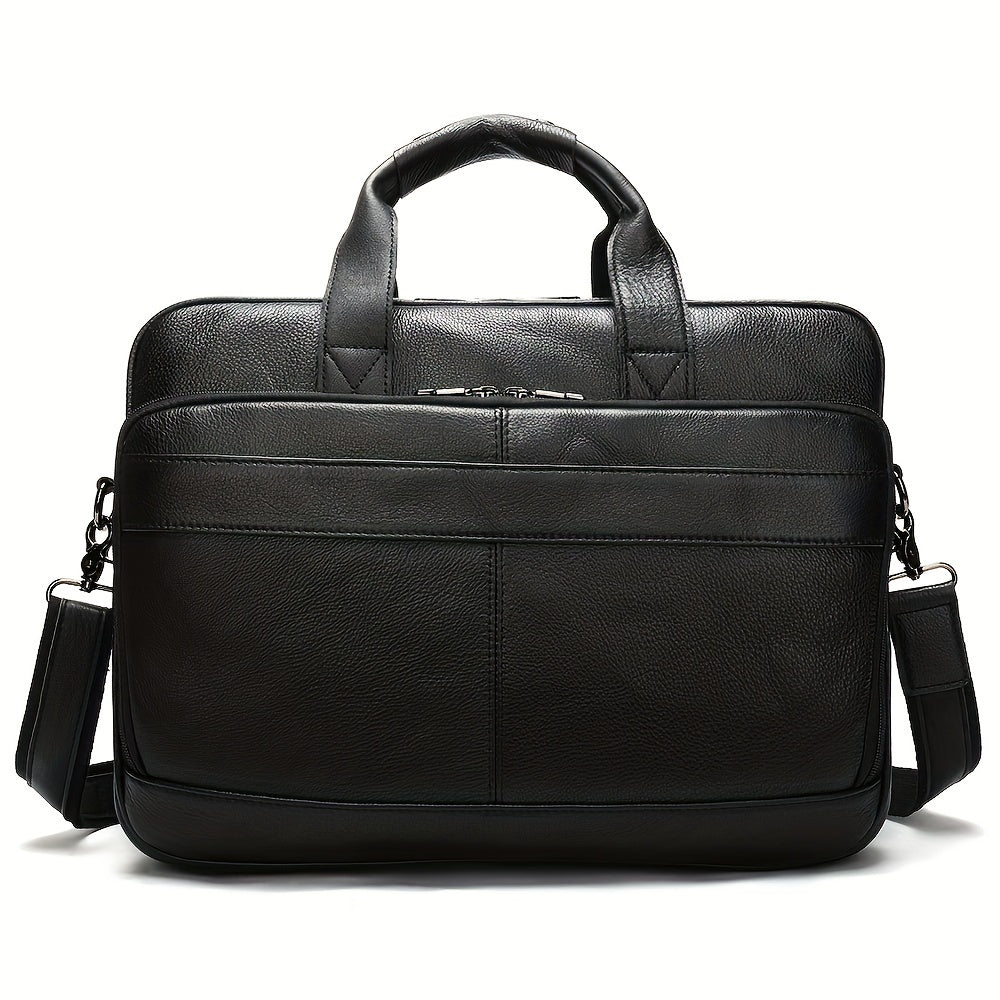 Borsa ventiquattrore in pelle nera con manici e tracolla regolabile, design elegante e spazioso, ideale per lavoro e viaggi d'affari.