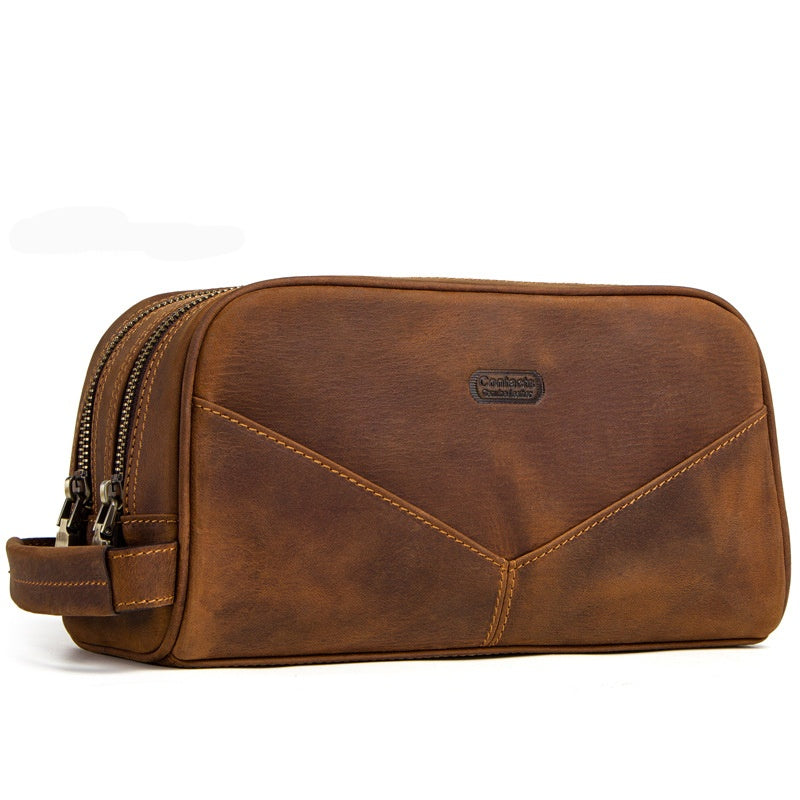 Borsello da viaggio in pelle marrone, design elegante con doppia cerniera, ideale per uomo, accessorio moda, organizer compatto e resistente.