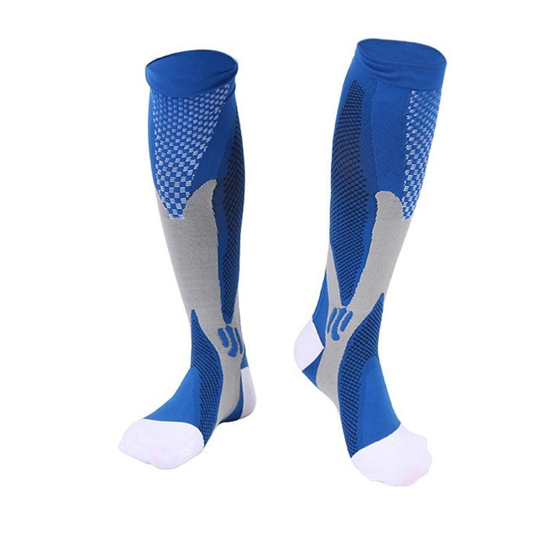 Calze a compressione blu e grigie, design ergonomico, tessuto traspirante, ideali per sport e corsa, supporto muscolare, taglia unica.