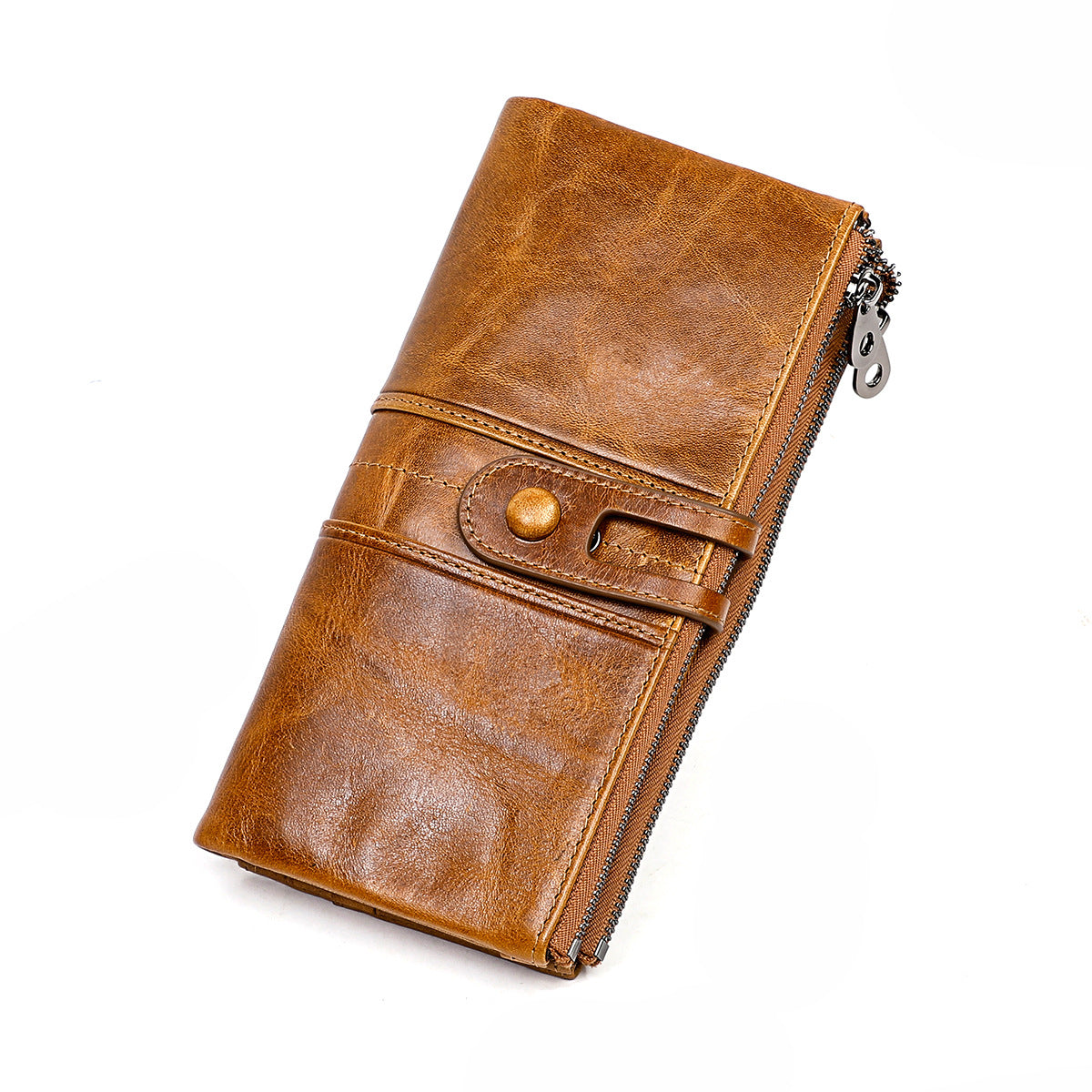 Portafoglio in pelle marrone con chiusura a bottone e cerniera, design elegante e spazioso, ideale per uomo e donna. Accessorio moda di alta qualità.